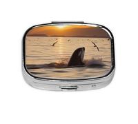 Square Pill Box with 2 Compartment Medicine Case, Portable Travel Pill Case for Pocket or Purse, Killer Whale Under Sunset