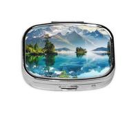 Square Pill Box with 2 Compartment Medicine Case, Portable Travel Pill Case for Pocket or Purse, Mountain Lake View Sunny Day Nature