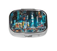 Square Pill Box with 2 Compartment Medicine Case, Portable Travel Pill Case for Pocket or Purse, New York Paintings