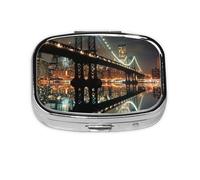 Square Pill Box with 2 Compartment Medicine Case, Portable Travel Pill Case for Pocket or Purse, New York Manhattan Bridge Night