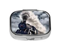 Square Pill Box with 2 Compartment Medicine Case, Portable Travel Pill Case for Pocket or Purse, Steam Train Clouds