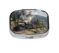 Square Pill Box with 2 Compartment Medicine Case, Portable Travel Pill Case for Pocket or Purse, Steam Locomotive Train