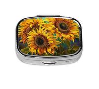 Square Pill Box with 2 Compartment Medicine Case, Portable Travel Pill Case for Pocket or Purse, Sunflowers Painting