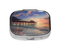 Square Pill Box with 2 Compartment Medicine Case, Portable Travel Pill Case for Pocket or Purse, Sunset at The Beach Bridge