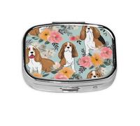 Square Pill Box with 2 Compartment Medicine Case, Portable Travel Pill Case for Pocket or Purse, Sweet Basset Hound Florals