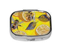Square Pill Box with 2 Compartment Medicine Case, Portable Travel Pill Case for Pocket or Purse, Yellow Lemon and Bee