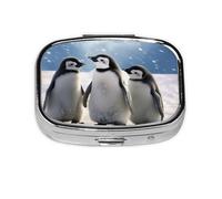 Square Pill Box with 2 Compartment Medicine Case, Portable Travel Pill Case for Pocket or Purse, Young Penguins with Snow