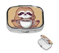 Square Pill Box Yoga Sloth Coffee Pill Case 2 Compartment for Purse Cute Metal Pill Organizer Portable Travel Pillbox Mini Small Pill Container Holder to Hold Vitamins Fish Oil Supplements