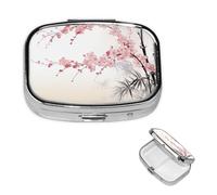 Square Pill Case for Purse or Pocket 2 Compartment Medicine Pill Box Portable Small Pill Organizer Bamboo and Cherry Blossoms Tree Zen Pillbox Travel Medicine Vitamin Cod Liver Oil Storage Box