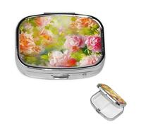 Square Pill Case for Purse or Pocket 2 Compartment Medicine Pill Box Portable Small Pill Organizer Bright Peonies Pillbox Travel Medicine Vitamin Cod Liver Oil Storage Box