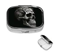 Square Pill Case for Purse or Pocket 2 Compartment Medicine Pill Box Portable Small Pill Organizer Black and White Skull Pillbox Travel Medicine Vitamin Cod Liver Oil Storage Box