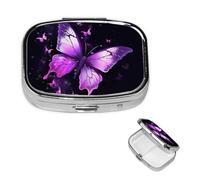 Square Pill Case for Purse or Pocket 2 Compartment Medicine Pill Box Portable Small Pill Organizer Butterfly Purple Pillbox Travel Medicine Vitamin Cod Liver Oil Storage Box
