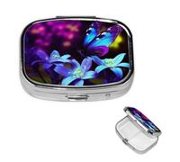 Square Pill Case for Purse or Pocket 2 Compartment Medicine Pill Box Portable Small Pill Organizer Blue Purple Flower Butterfly Pillbox Travel Medicine Vitamin Cod Liver Oil Storage Box