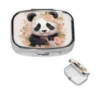 Square Pill Case for Purse or Pocket 2 Compartment Medicine Pill Box Portable Small Pill Organizer Cute Panda with Floral Pillbox Travel Medicine Vitamin Cod Liver Oil Storage Box