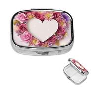 Square Pill Case for Purse or Pocket 2 Compartment Medicine Pill Box Portable Small Pill Organizer Card Heart Shape Flowers Pillbox Travel Medicine Vitamin Cod Liver Oil Storage Box