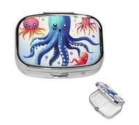 Square Pill Case for Purse or Pocket 2 Compartment Medicine Pill Box Portable Small Pill Organizer Colorful Squid Octopus Pillbox Travel Medicine Vitamin Cod Liver Oil Storage Box