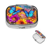 Square Pill Case for Purse or Pocket 2 Compartment Medicine Pill Box Portable Small Pill Organizer Colorful Butterfly Flower Pillbox Travel Medicine Vitamin Cod Liver Oil Storage Box