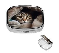 Square Pill Case for Purse or Pocket 2 Compartment Medicine Pill Box Portable Small Pill Organizer Cat Under Blanket Pillbox Travel Medicine Vitamin Cod Liver Oil Storage Box