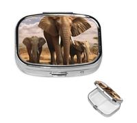 Square Pill Case for Purse or Pocket 2 Compartment Medicine Pill Box Portable Small Pill Organizer Elephant Family Pillbox Travel Medicine Vitamin Cod Liver Oil Storage Box