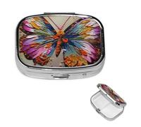 Square Pill Case for Purse or Pocket 2 Compartment Medicine Pill Box Portable Small Pill Organizer Embroidery Colorful Butterfly Pillbox Travel Medicine Vitamin Cod Liver Oil Storage Box