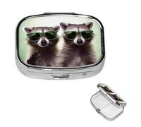 Square Pill Case for Purse or Pocket 2 Compartment Medicine Pill Box Portable Small Pill Organizer Funny Raccoon Green Sunglasses Pillbox Travel Medicine Vitamin Cod Liver Oil Storage Box