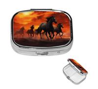 Square Pill Case for Purse or Pocket 2 Compartment Medicine Pill Box Portable Small Pill Organizer Horses Red Glowing Clouds Pillbox Travel Medicine Vitamin Cod Liver Oil Storage Box