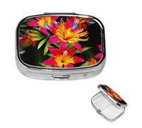 Square Pill Case for Purse or Pocket 2 Compartment Medicine Pill Box Portable Small Pill Organizer Hawaiian Colorful Flower Pillbox Travel Medicine Vitamin Cod Liver Oil Storage Box