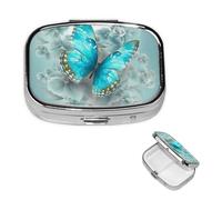 Square Pill Case for Purse or Pocket 2 Compartment Medicine Pill Box Portable Small Pill Organizer Light Blue Butterfly Pillbox Travel Medicine Vitamin Cod Liver Oil Storage Box