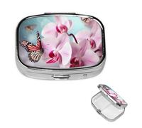 Square Pill Case for Purse or Pocket 2 Compartment Medicine Pill Box Portable Small Pill Organizer Orchid Flower Butterfly Soft Fresh Spring Pillbox Travel Medicine Vitamin Cod Liver Oil Storage Box