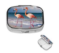 Square Pill Case for Purse or Pocket 2 Compartment Medicine Pill Box Portable Small Pill Organizer Pink Flamingo Walking on The Beach Pillbox Travel Medicine Vitamin Cod Liver Oil Storage Box