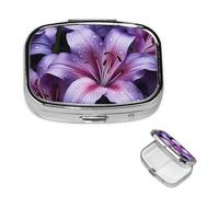 Square Pill Case for Purse or Pocket 2 Compartment Medicine Pill Box Portable Small Pill Organizer Purple Lily Flowers Pillbox Travel Medicine Vitamin Cod Liver Oil Storage Box