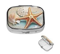 Square Pill Case for Purse or Pocket 2 Compartment Medicine Pill Box Portable Small Pill Organizer Sea Shell Starfish Pillbox Travel Medicine Vitamin Cod Liver Oil Storage Box