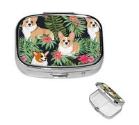 Square Pill Case for Purse or Pocket 2 Compartment Medicine Pill Box Portable Small Pill Organizer Tropical Flower and Corgi Pillbox Travel Medicine Vitamin Cod Liver Oil Storage Box