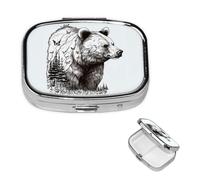 Square Pill Case for Purse or Pocket 2 Compartment Medicine Pill Box Portable Small Pill Organizer Wildlife Hand Drawn Bear Animal Pillbox Travel Medicine Vitamin Cod Liver Oil Storage Box