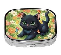 Square Pill Case Small Pill Box with Mirror Pocket 2 Compartment Vitamin Pill Medicine Case Organizer Pill Containers for Traveling Garden Cute Black Cat