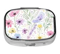 Square Pill Case Small Pill Box with Mirror Pocket 2 Compartment Vitamin Pill Medicine Case Organizer Pill Containers for Traveling Oil-Painted Wildflowers Two