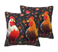 Square Pillow Covers Set Of 2, Cute Rooster Chickens Pillowcase, Breathable Reversible Linen Cushion Covers For Sofa Bed Decor, Wrinkle-Resistant Throw Pillow Cases For Living Room Decorative, 24"X24"