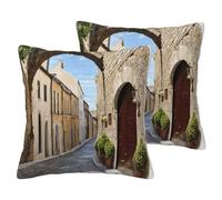 Square Pillow Covers Set Of 2, Italian Street Pillowcase, Breathable Reversible Linen Cushion Covers For Sofa Bed Decor, Wrinkle-Resistant Throw Pillow Cases For Living Room Decorative, 16"X16"