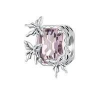 Square Pink Butterfly Charm Bead Genuine 925 Sterling Silver Compatible With Pandora Bracelet