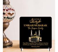 Square Plaque for Families - Thoughtful Gift for Islamic Umrah Celebrations Eid - Sentimental Desk Shelf Decor with Kaaba and Arabic Calligraphy (Black, MDF Wood - Indoor use only)