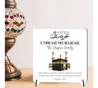 Square Plaque for Families - Thoughtful Gift for Islamic Umrah Celebrations Eid - Sentimental Desk Shelf Decor with Kaaba and Arabic Calligraphy (No Background, MDF Wood - Indoor use only)