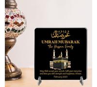 Square Plaque for Families - Thoughtful Gift for Islamic Umrah Celebrations Eid - Sentimental Desk Shelf Decor with Kaaba and Arabic Calligraphy (Black, Acrylic - Indoor & Outdoor use)