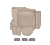 Square Plastic Dinnerware Set,Reusable Bowls Plates Cups,Unbreakable Colorful Dinner Dishes,Microwave Dishwasher Safe,Large Capacity,for Home Camping Picnic Party (Beige, 32 Piece Set)