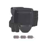 Square Plastic Dinnerware Set,Reusable Bowls Plates Cups,Unbreakable Colorful Dinner Dishes,Microwave Dishwasher Safe,Large Capacity,for Home Camping Picnic Party (Dark Gray, 32 Piece Set)
