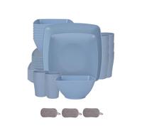 Square Plastic Dinnerware Set,Reusable Bowls Plates Cups,Unbreakable Colorful Dinner Dishes,Microwave Dishwasher Safe,Large Capacity,for Home Camping Picnic Party (Blue, 32 Piece Set)