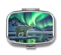 Square Polar Bears Northern Lights Pill Box Small Pill Case with 2 Compartment Portable Metal Medicine Organizer Mini Travel Medicine Vitamin Supplement Container for Pocket Purse