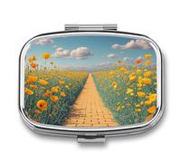 Square Poppies Field Yellow Brick Road Pill Box Small Pill Case with 2 Compartment Portable Metal Medicine Organizer Mini Travel Medicine Vitamin Supplement Container for Pocket Purse