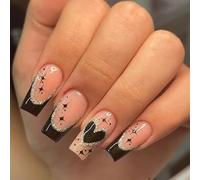 Square Press-on Nails, 24 Pieces, Black French Tips with Heart Star Design, Silver Glitter Accents