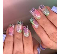 Square Press On Nails 24 Pieces, Floral French Nail Tips with Flower Design - Reusable & Long Lasting for Women, Nail Art Enthusiasts - Perfect for Parties, Weddings, Daily
