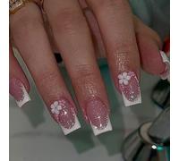Square Press On Nails Colorful Flower Fake Nails Glues On Artificial Acrylic 12 Size 24pcs Stick Press Nail Coffin Almond French Tip Nail
